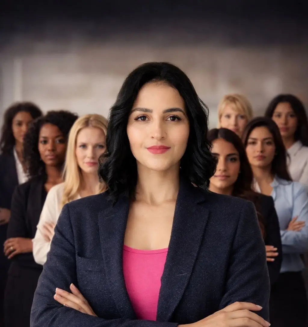 Mulher confiante em destaque com grupo profissional ao fundo